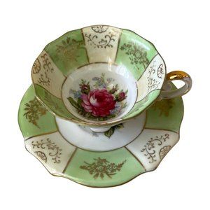 Teacup and Saucer Vintage Old Gold Japan Mint Green and Rose Floral Hand Painted